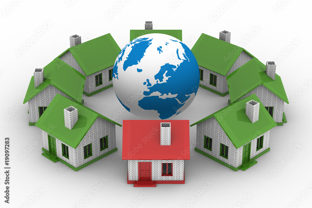 houses standing around globe on white background. Isolated 3D im houses standing around globe on white background. Isolated 3D im