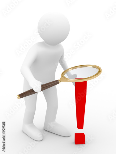Man with magnifier on white...