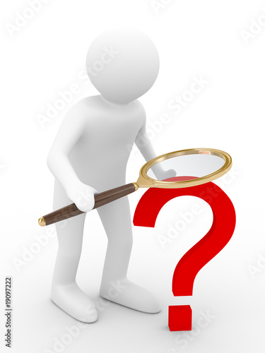 Man with magnifier on white...