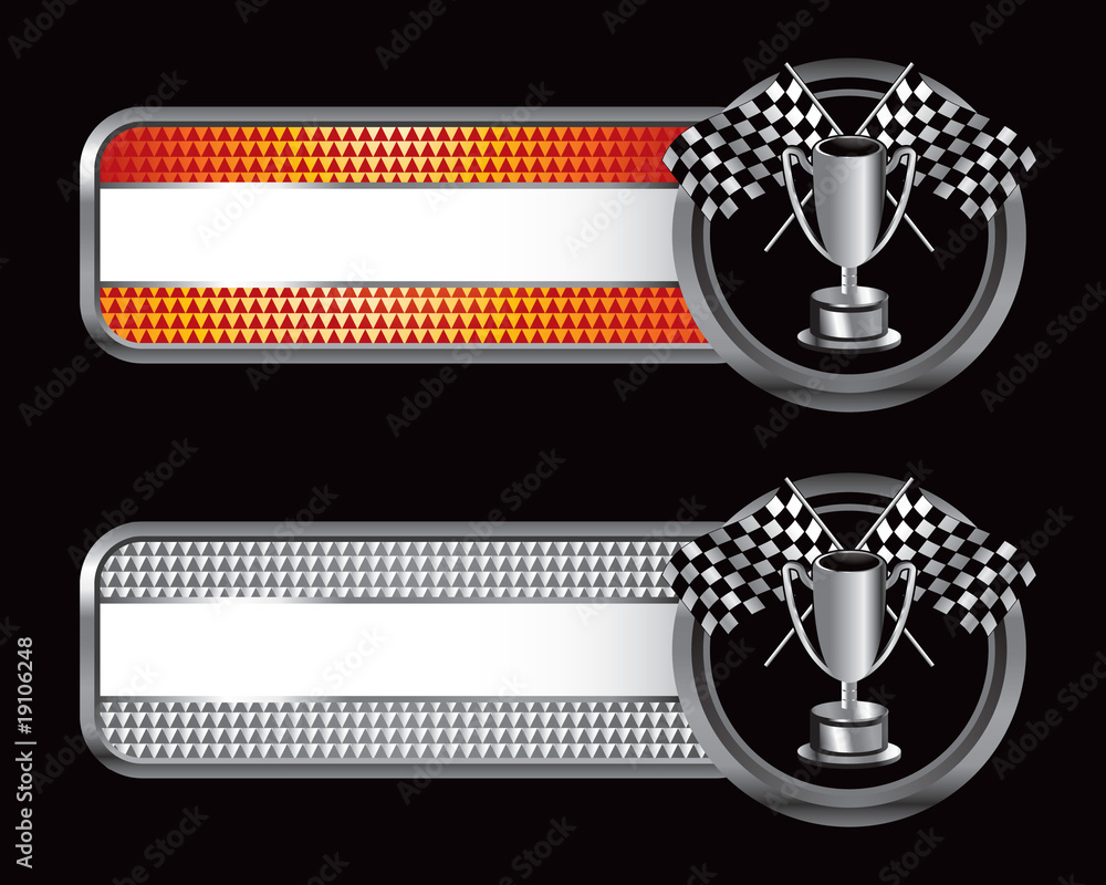 Poster racing flags and trophy bronze and silver checkered banners ...