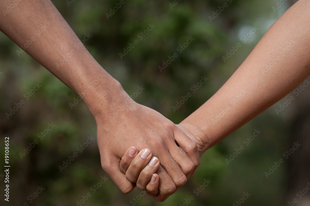 Lovers couple holding hands in a forest (summer/spring). Lovers couple holding hands in a forest (summer/spring).
