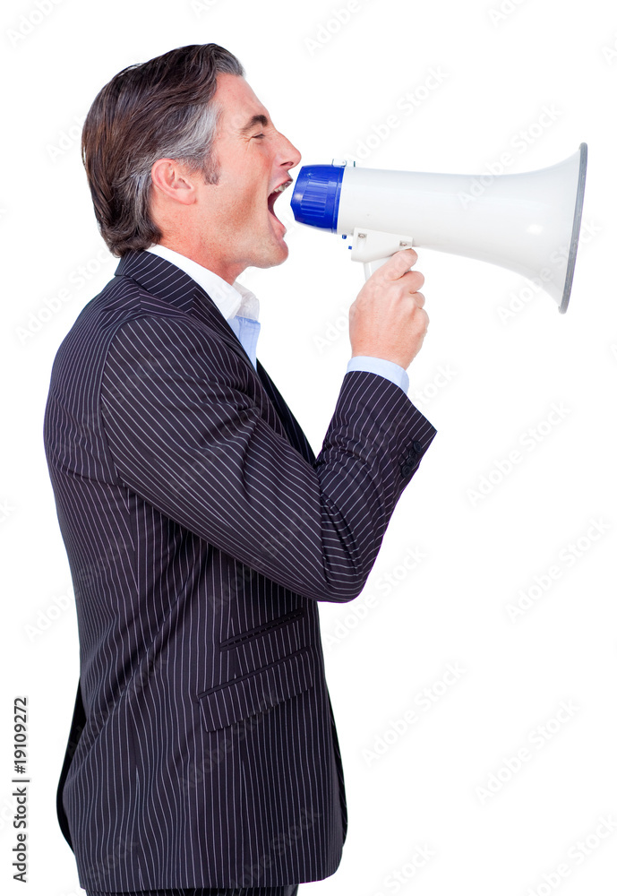Attractive Businessman rowing through a megaphone Attractive Businessman rowing through a megaphone