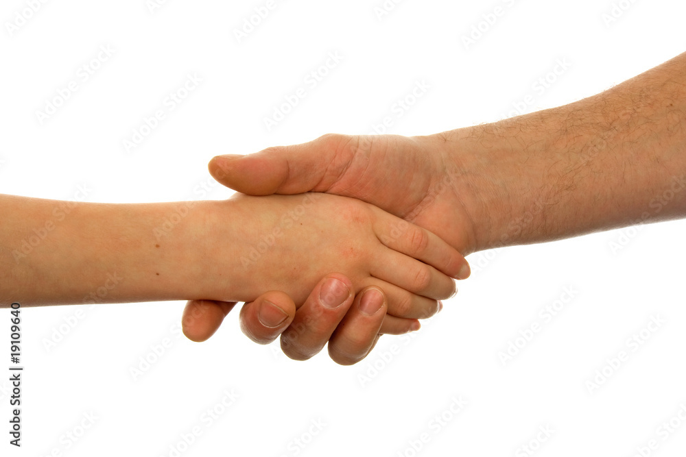 Adult and child handshake over white background