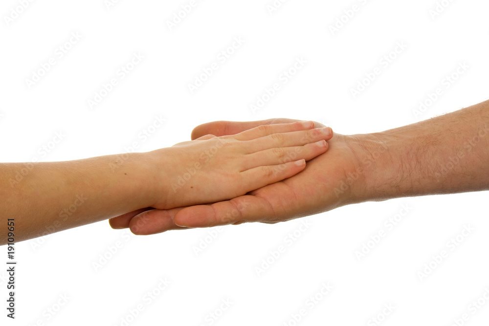 Adult and child handshake over white background