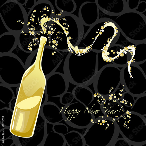 Sfondo Happy New Year con bottiglia spumeggiante