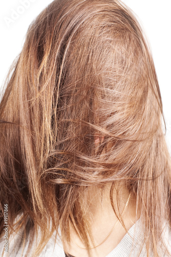chestnut natural long hair covering face of a woman