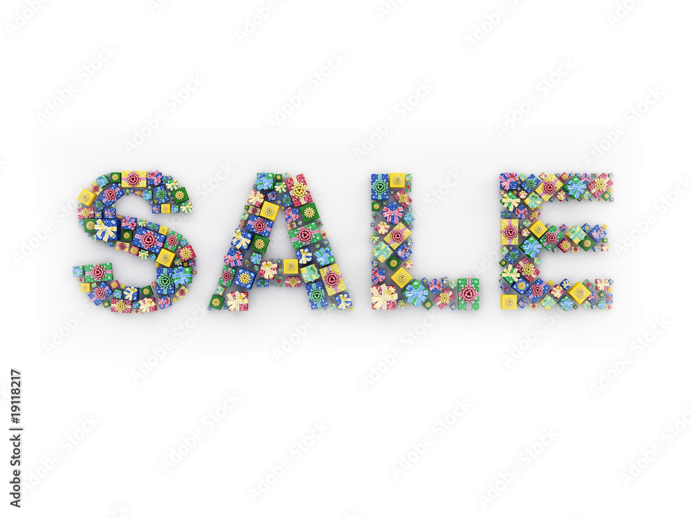 SALE (word made of different sized and coloured gift-boxes) SALE (word made of different sized and coloured gift-boxes)