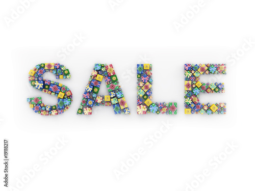 SALE (word made of different sized and coloured gift-boxes)
