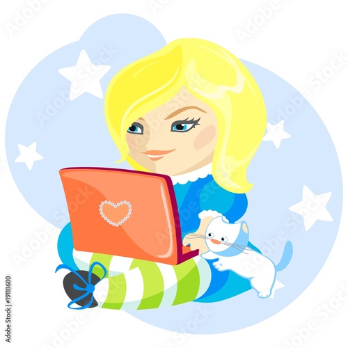 illustration of a cute girl and her cat with the laptop