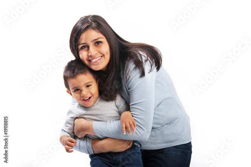 Happy mom hugging son