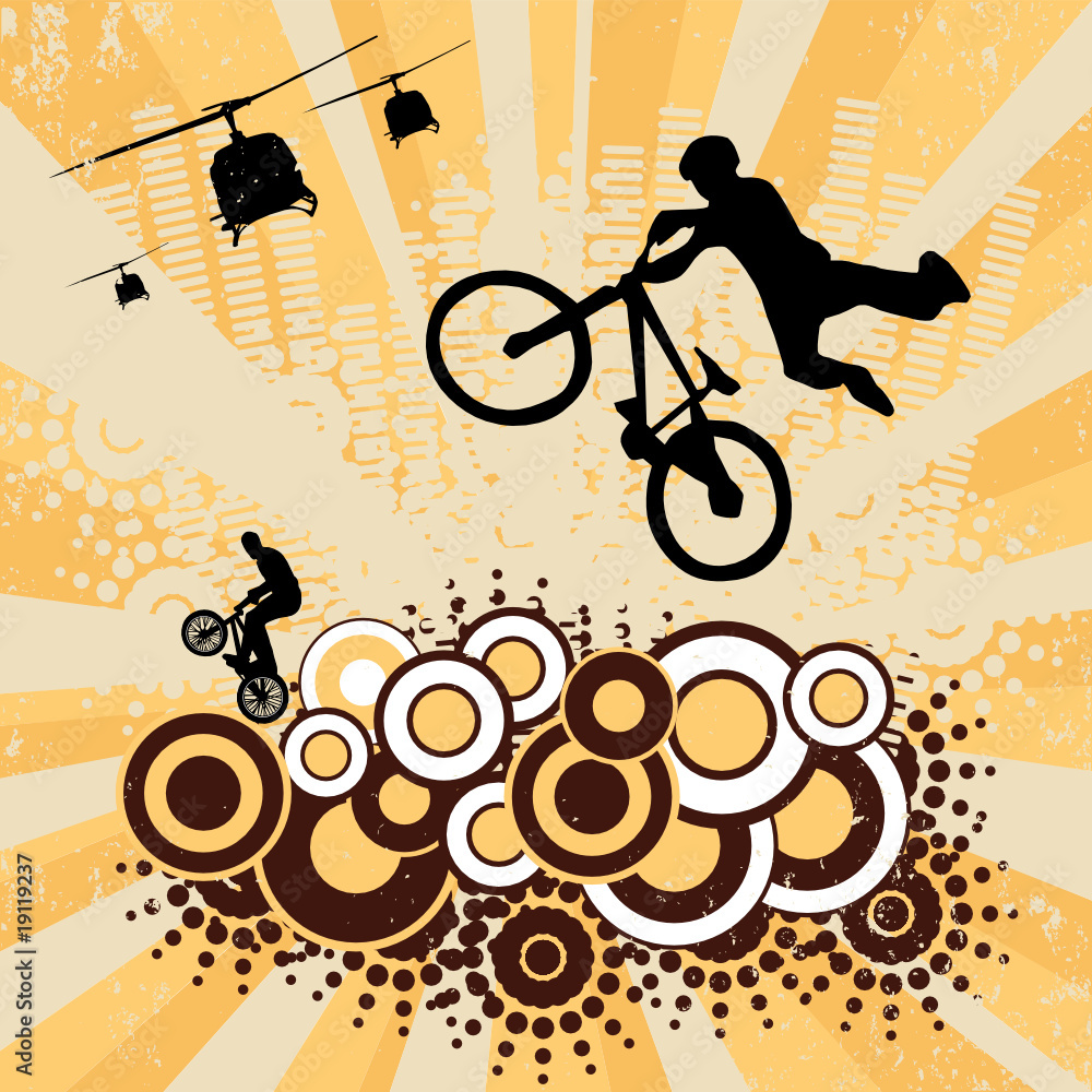 Abstract background with BMX cyclist and helicopter Abstract background with BMX cyclist and helicopter
