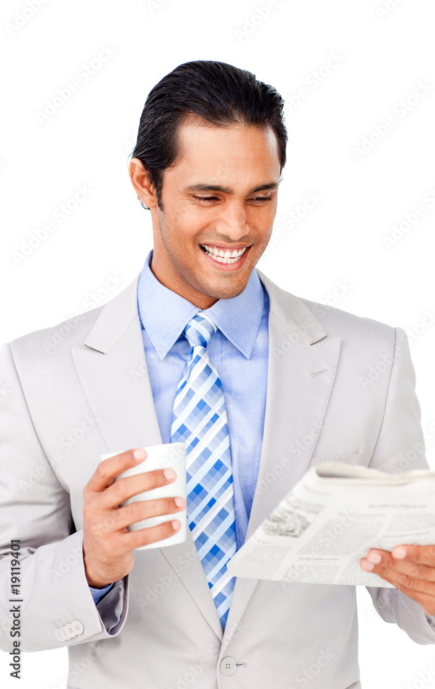 Attractive asian businessman driking coffee and reading a newspa Attractive asian businessman driking coffee and reading a newspa