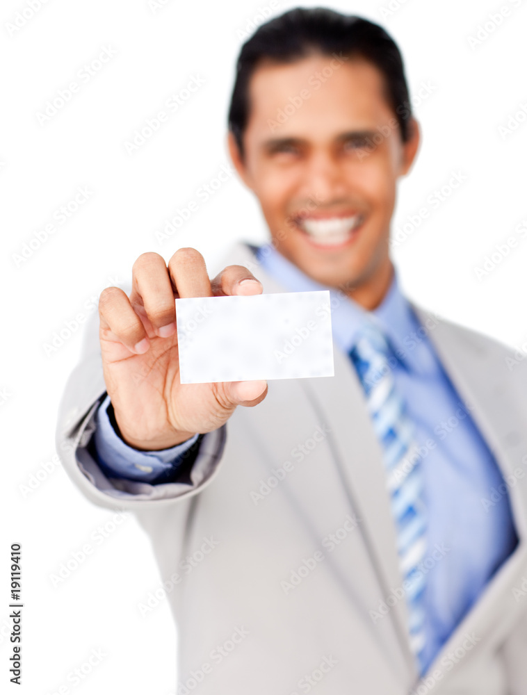 Happy businessman holding a white card Happy businessman holding a white card