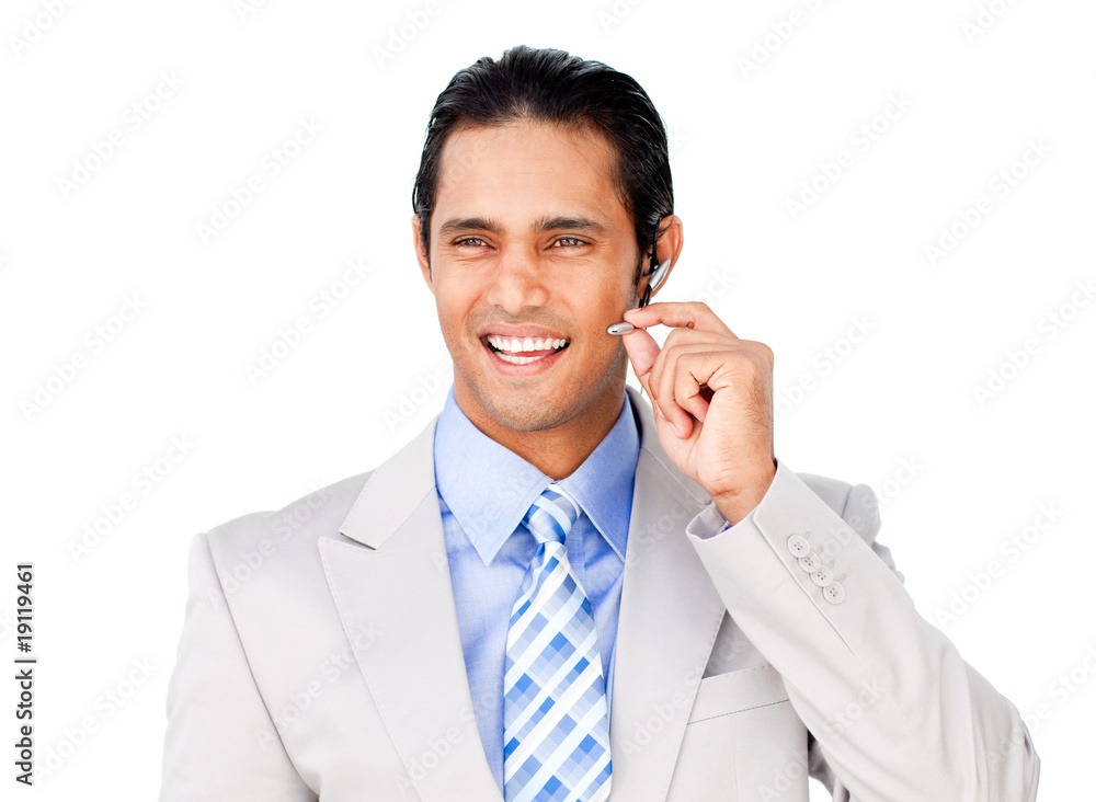 Confident businessman with headset on Confident businessman with headset on