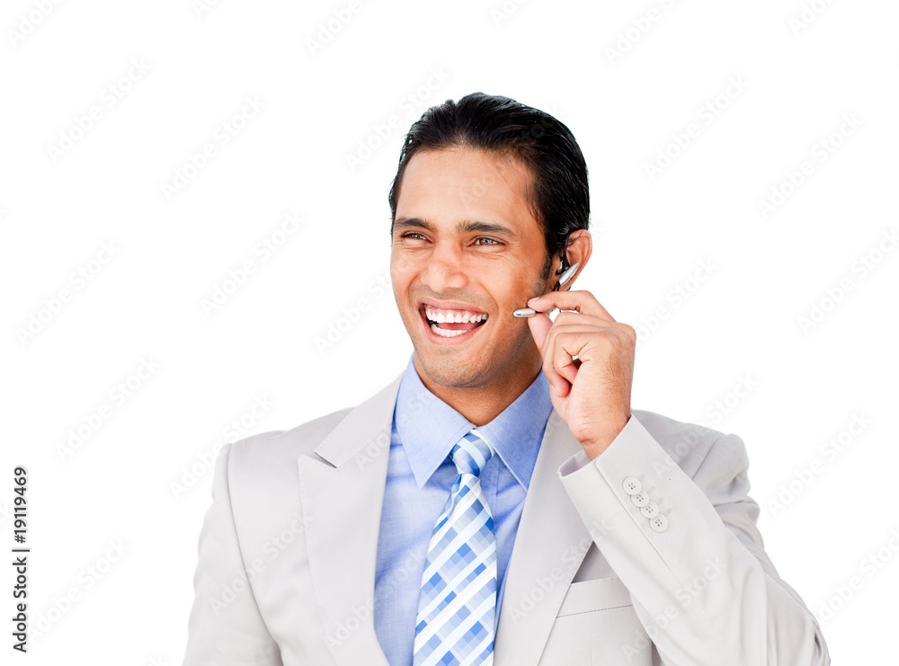 Happy businessman with headset on Happy businessman with headset on