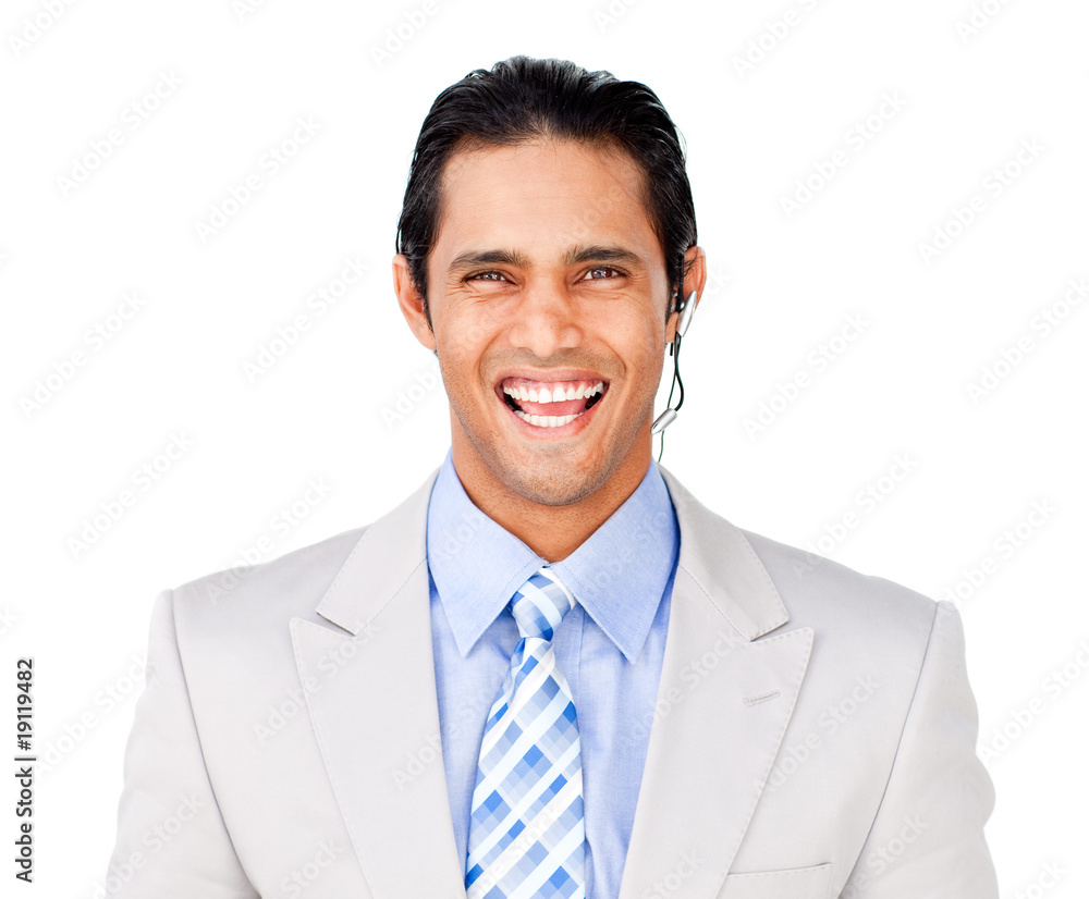 Smiling businessman with headset on against Smiling businessman with headset on against