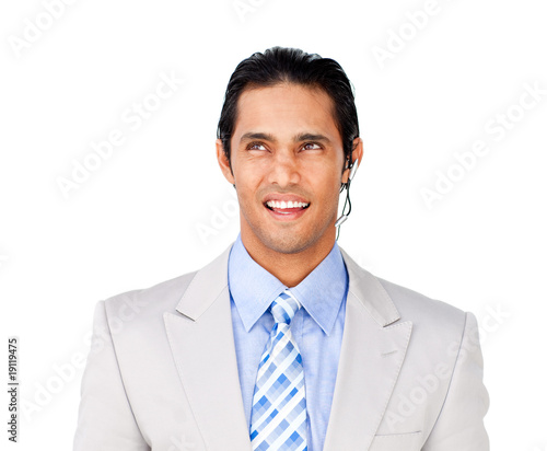 Attractive businessman with headset on