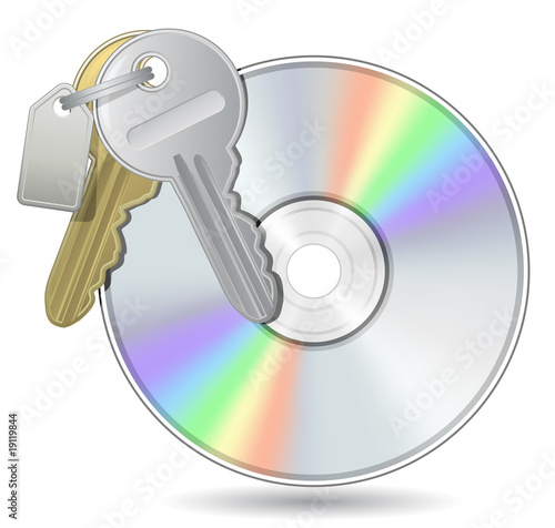 Compact Disk with Bunch of keys. DVD, CD, Blue-Ray Disk.