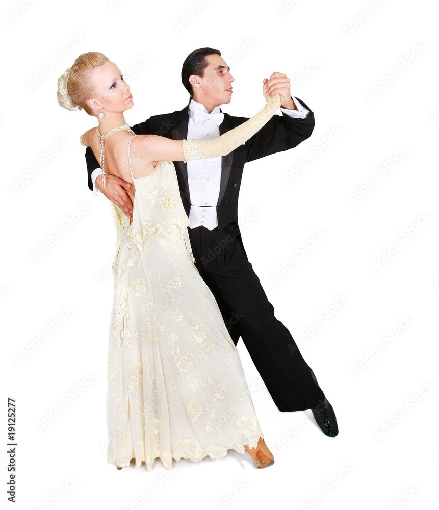 young couple dancing over white