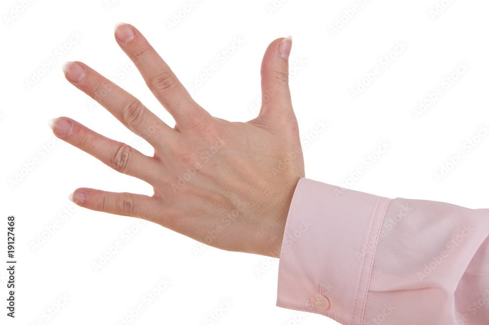 Frauenhand zeigt Handzeichen Zahl Fünf