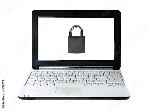 Modern laptop with metal padlock on screen isolated on white