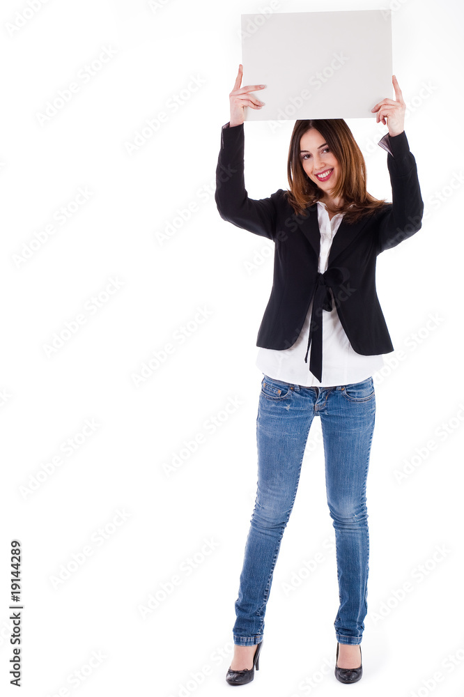 Young model showing a blank board over her head Young model showing a blank board over her head