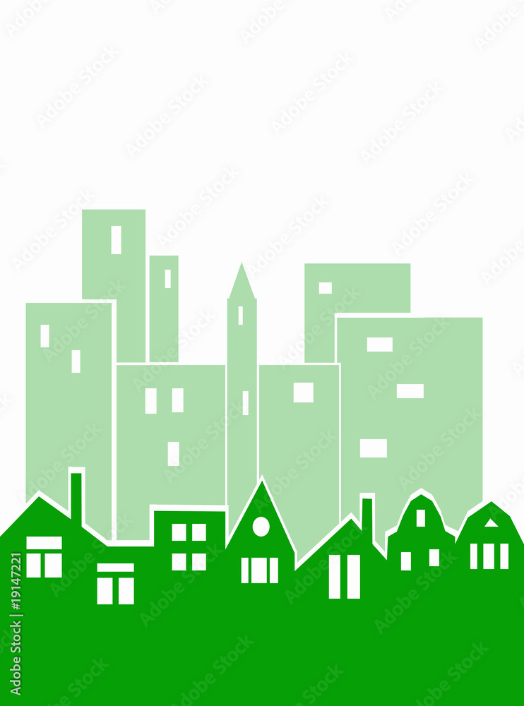 Big buildings and small houses in green color