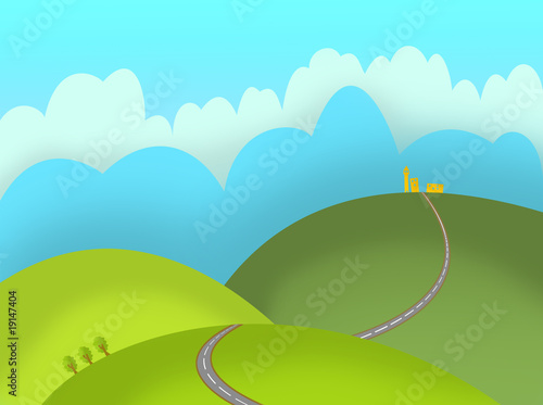 Drawn green hills and road over blue sky
