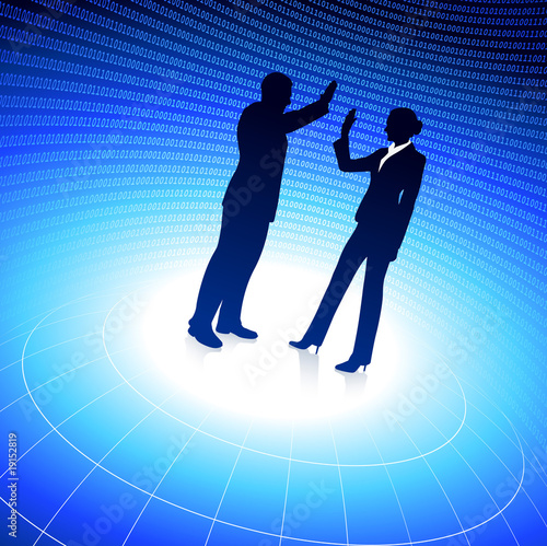 businessman and businesswoman on blue internet background