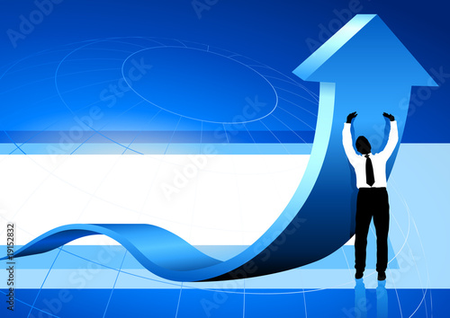 Business Man holding up arrow blue background