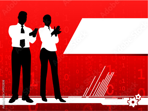 businessman and businesswoman clapping on red background