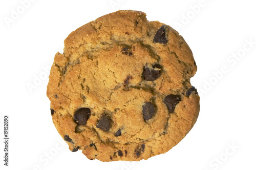 Chocolate chip cookie on white with clipping path
