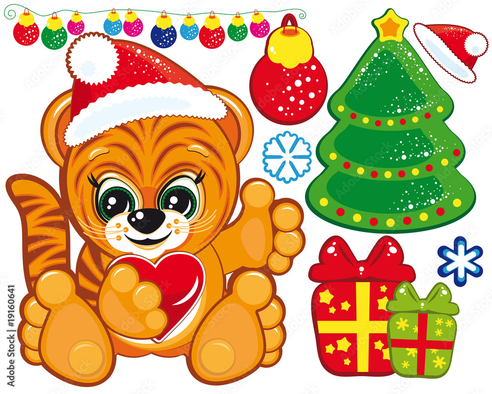 Tiger in the Santa hat and a set of Christmas items Tiger in the Santa hat and a set of Christmas items