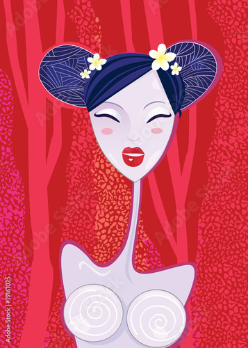 Asian woman –  geisha on red summer background. VECTOR.