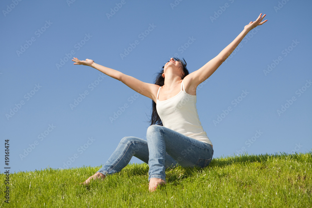 happy young woman dreams to fly on winds happy young woman dreams to fly on winds