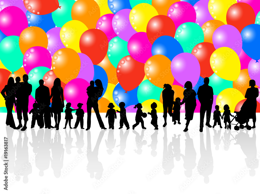 Illustration of balloons and families
