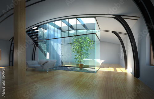 Modern empty interior with plant and sofa