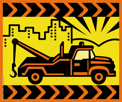 Vintage Tow truck with buildings and mountains