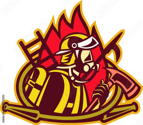 Firefighter fireman with axe ladder spear hook hose