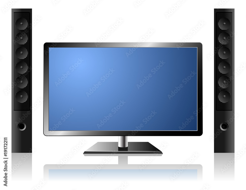 New modern flat TV set with external audio system New modern flat TV set with external audio system