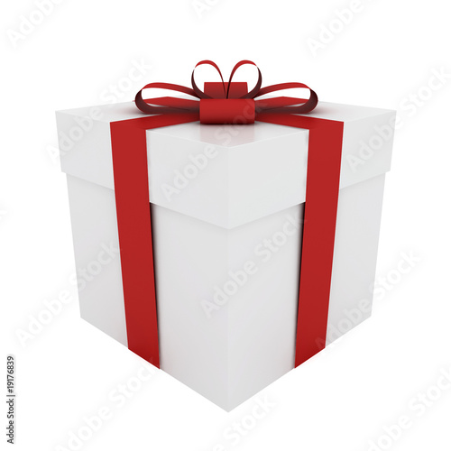 Beautiful white gift box with red ribbon isolated on white