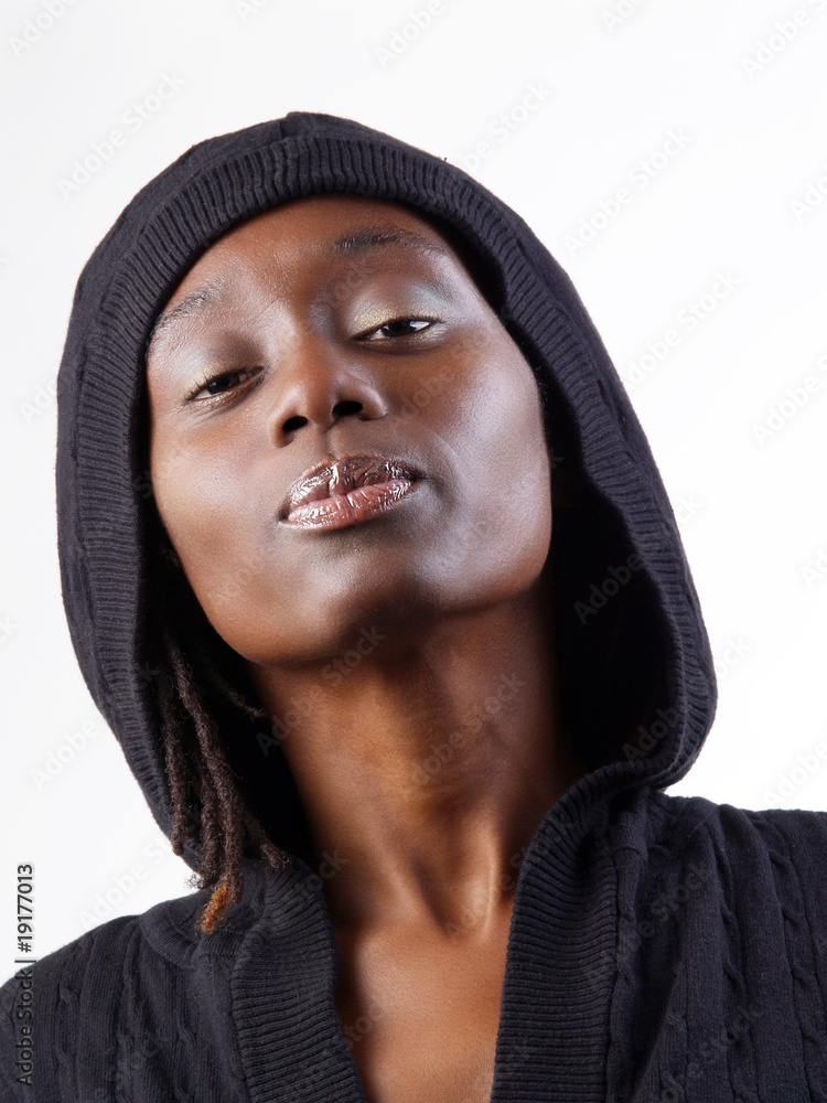 Pretty young black woman in gray hood Pretty young black woman in gray hood
