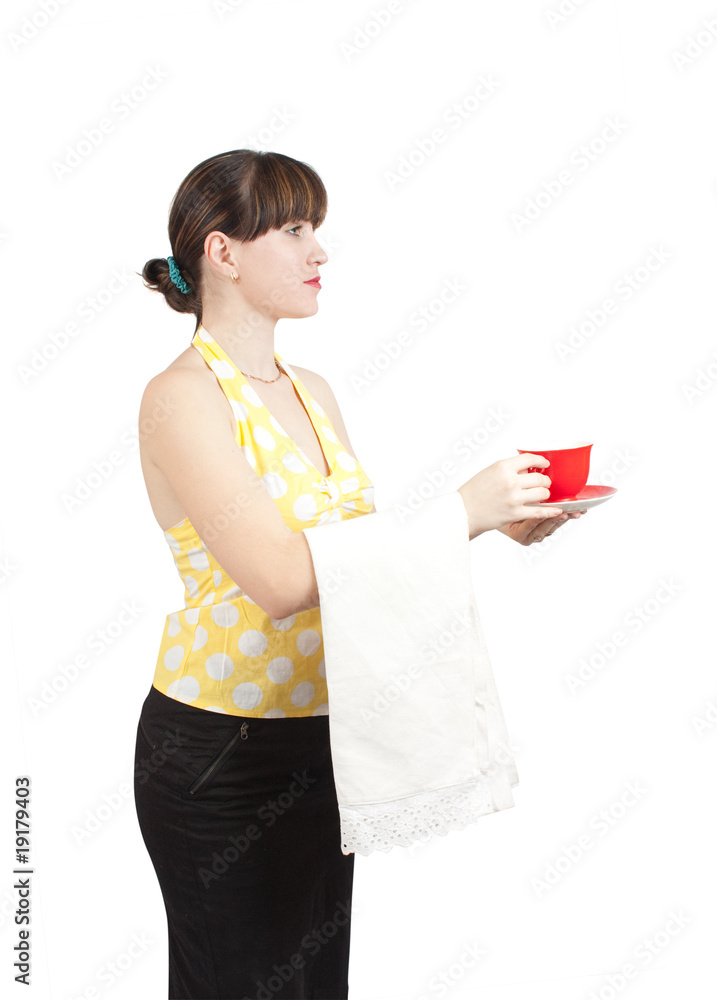 Bartender girl with a cup of coffee Bartender girl with a cup of coffee