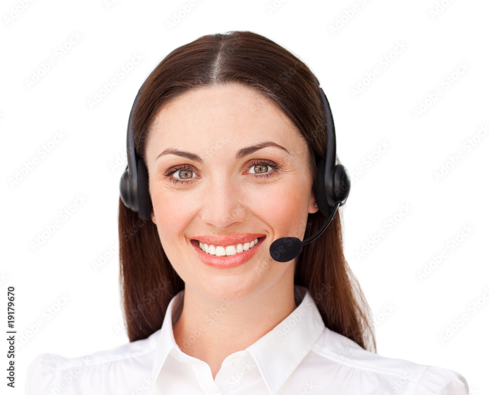 Confident businesswoman with headset on Confident businesswoman with headset on