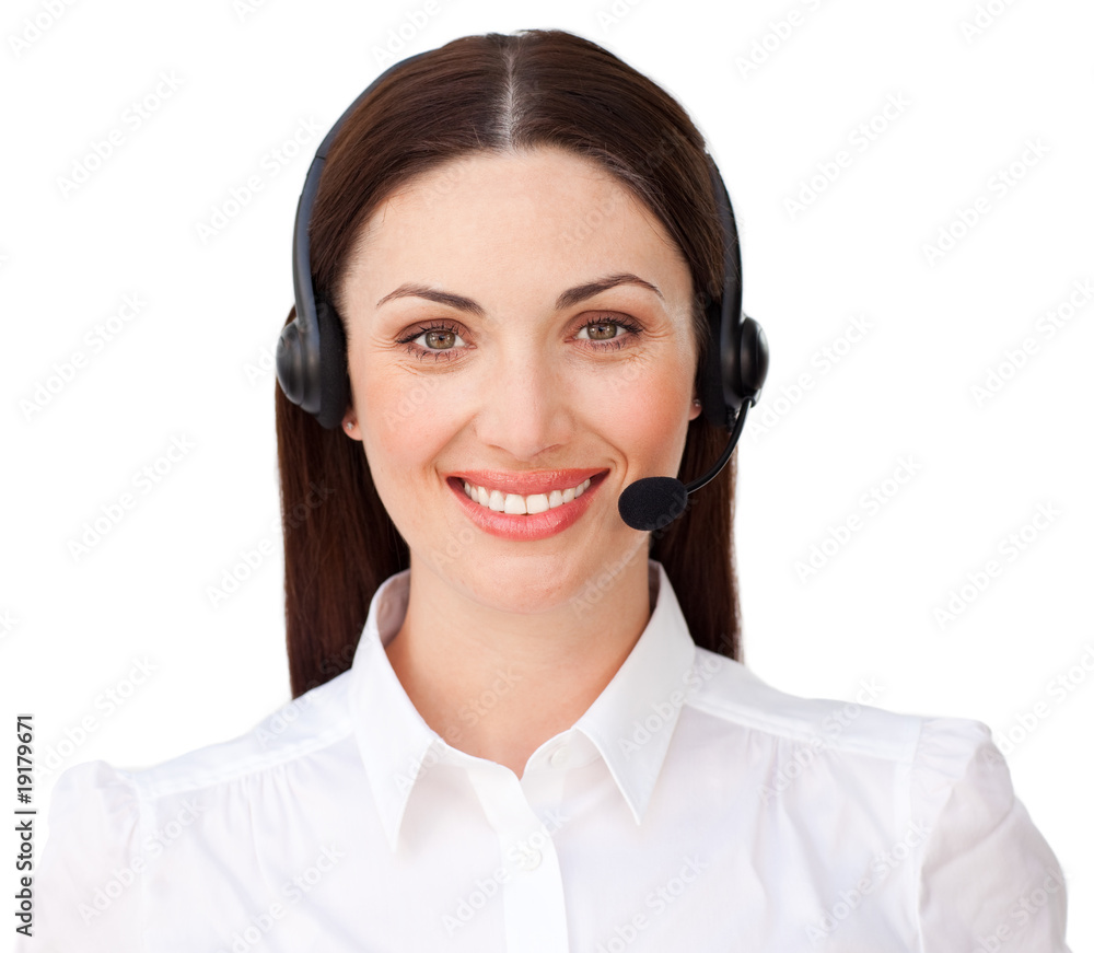 Young customer service agent with headset on Young customer service agent with headset on