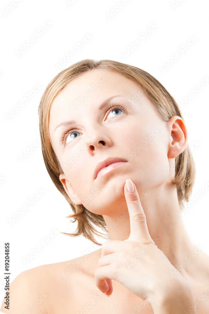 Young womain thinking and looking up Young womain thinking and looking up