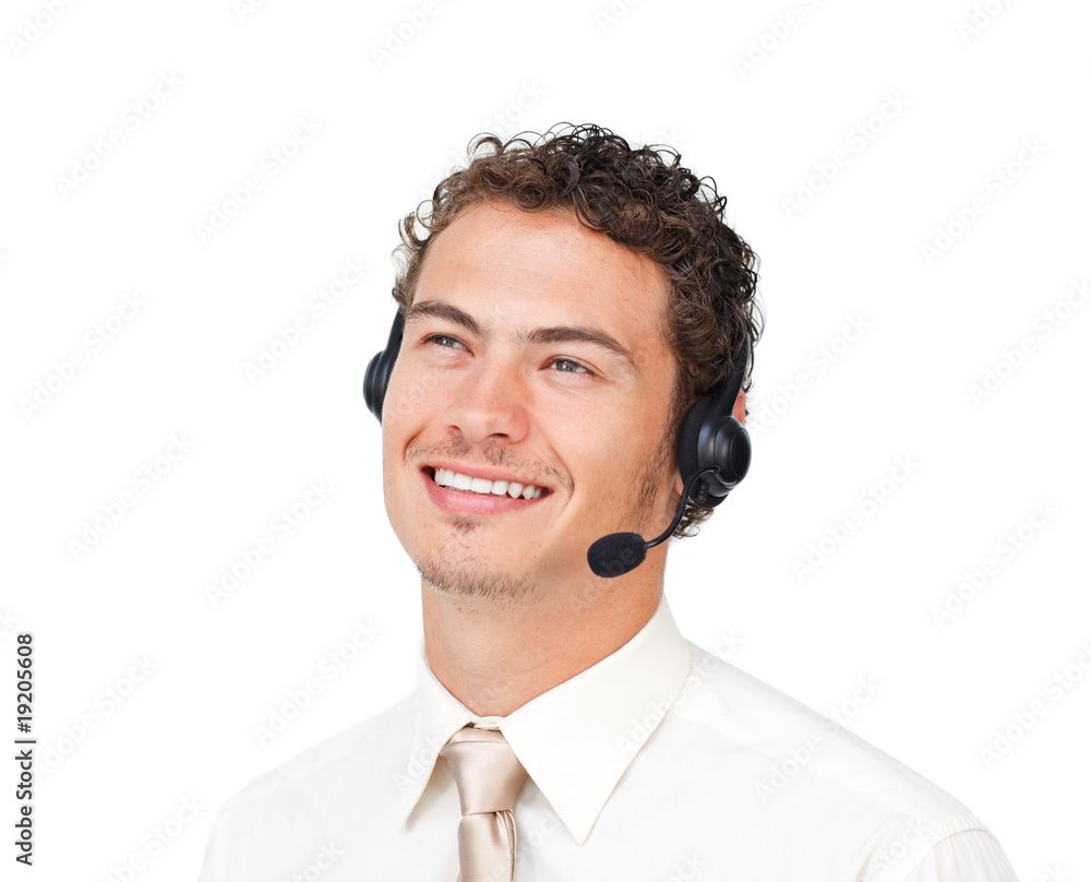 Hispanic customer service agent with headset Hispanic customer service agent with headset
