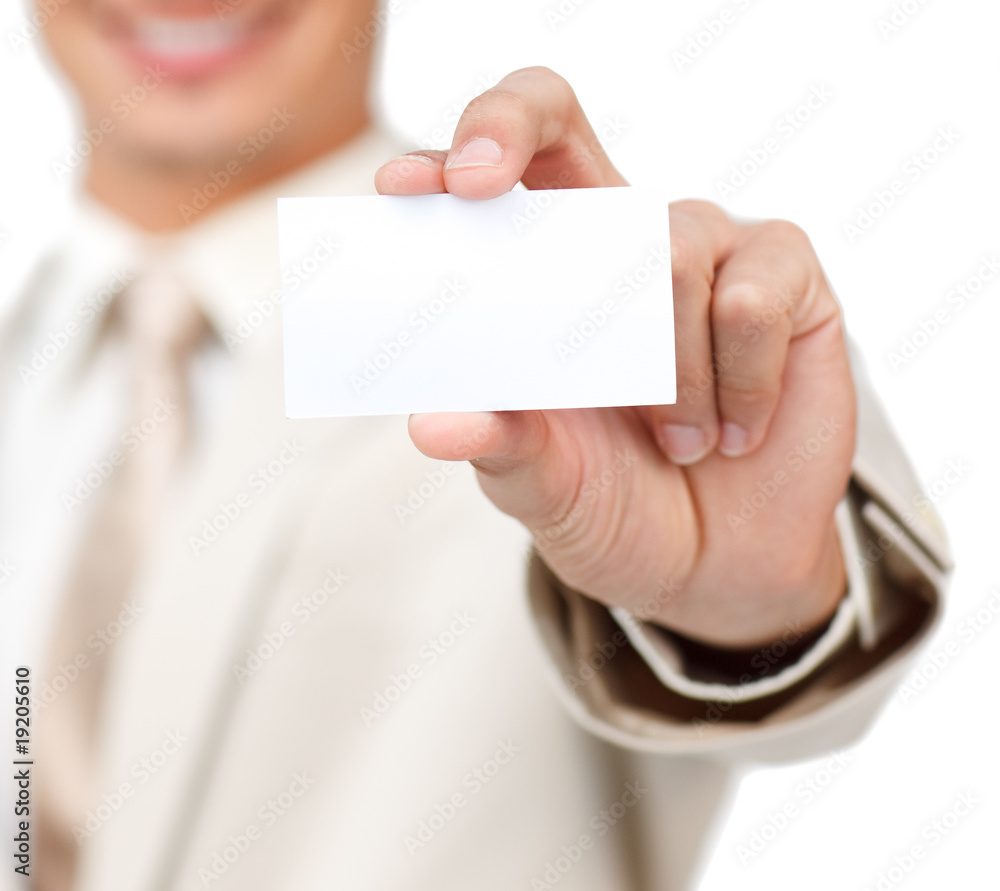 Close-up of a Businessman holding a white card Close-up of a Businessman holding a white card