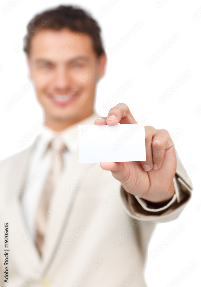 Businessman holding a white card Businessman holding a white card