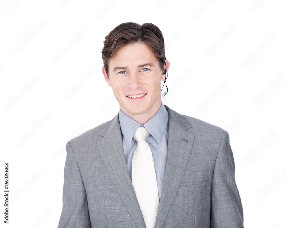 Assertive customer service agent with headset on Assertive customer service agent with headset on